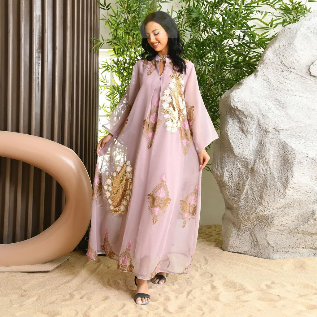 Morocco Dress for Women Muslim Abaya India Stand Collar Abayas Enbroidery Sequins LADYLYS