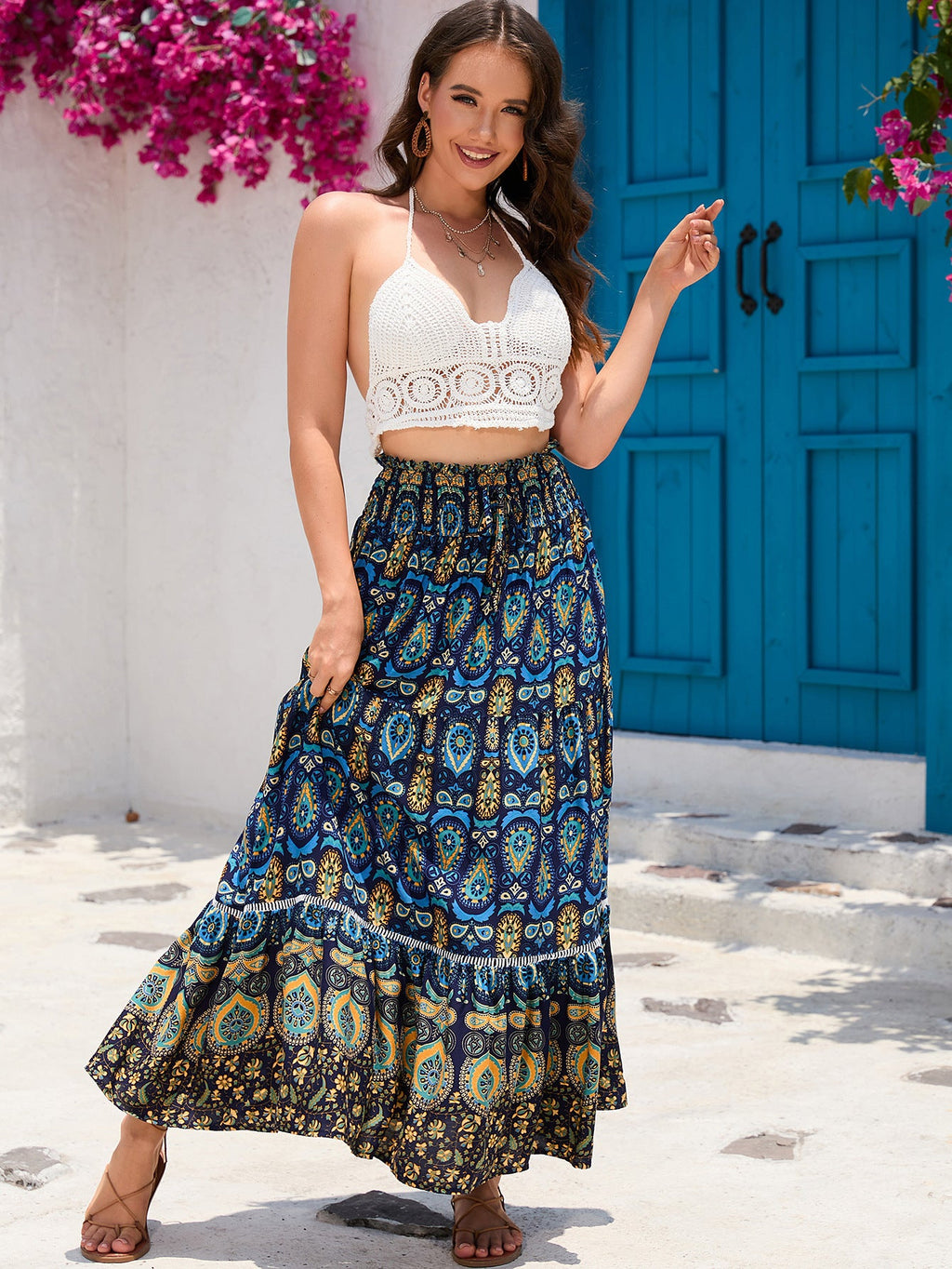 Real-life cross-border holiday style hollow lace stitching rayon beach skirt LADYLYS