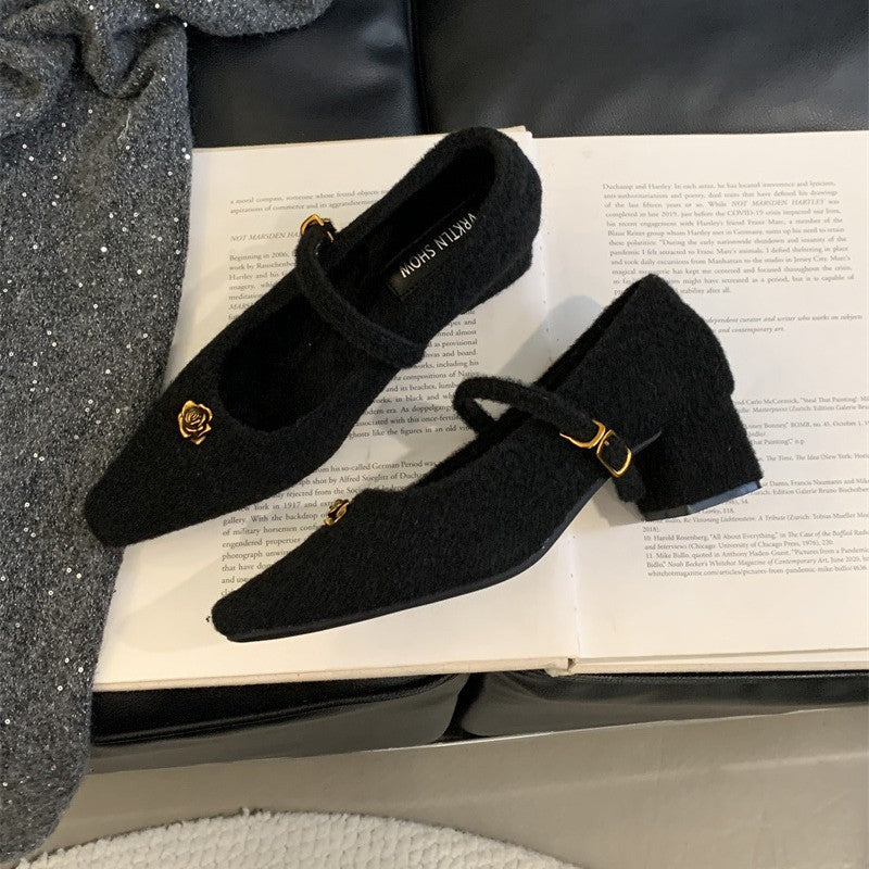 Elegant Woolen Square Toe Shallow Mouth Mary Jane Shoes French Style LADYLYS