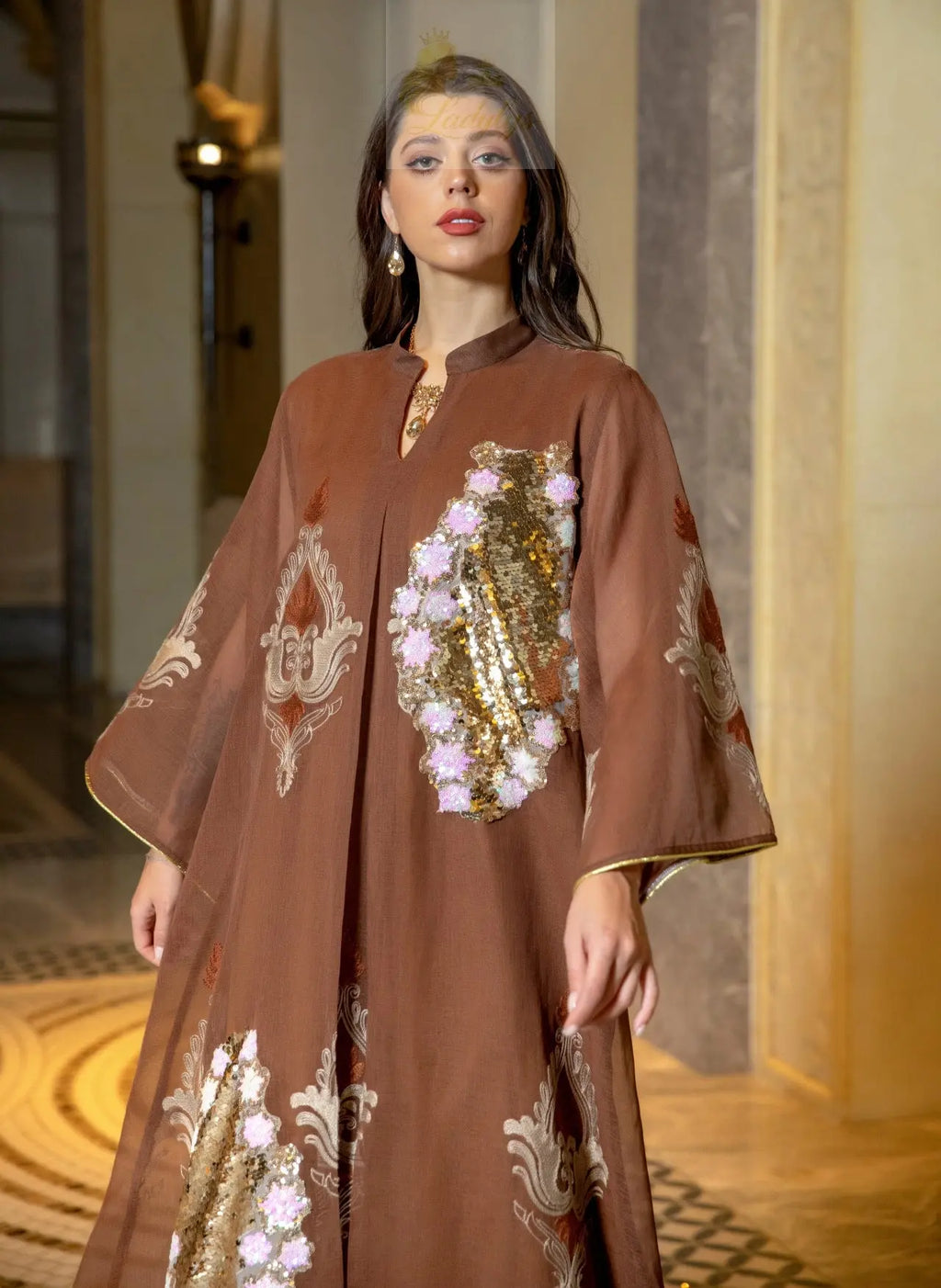 Morocco Dress for Women Muslim Abaya India Stand Collar Abayas Enbroidery Sequins LADYLYS