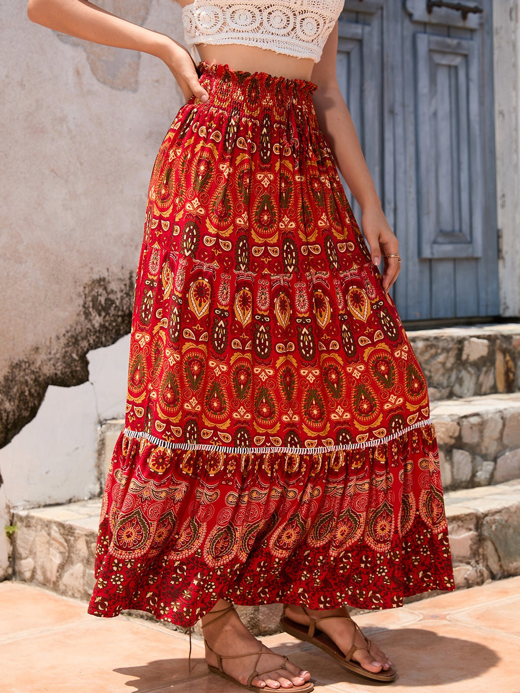 Real-life cross-border holiday style hollow lace stitching rayon beach skirt LADYLYS