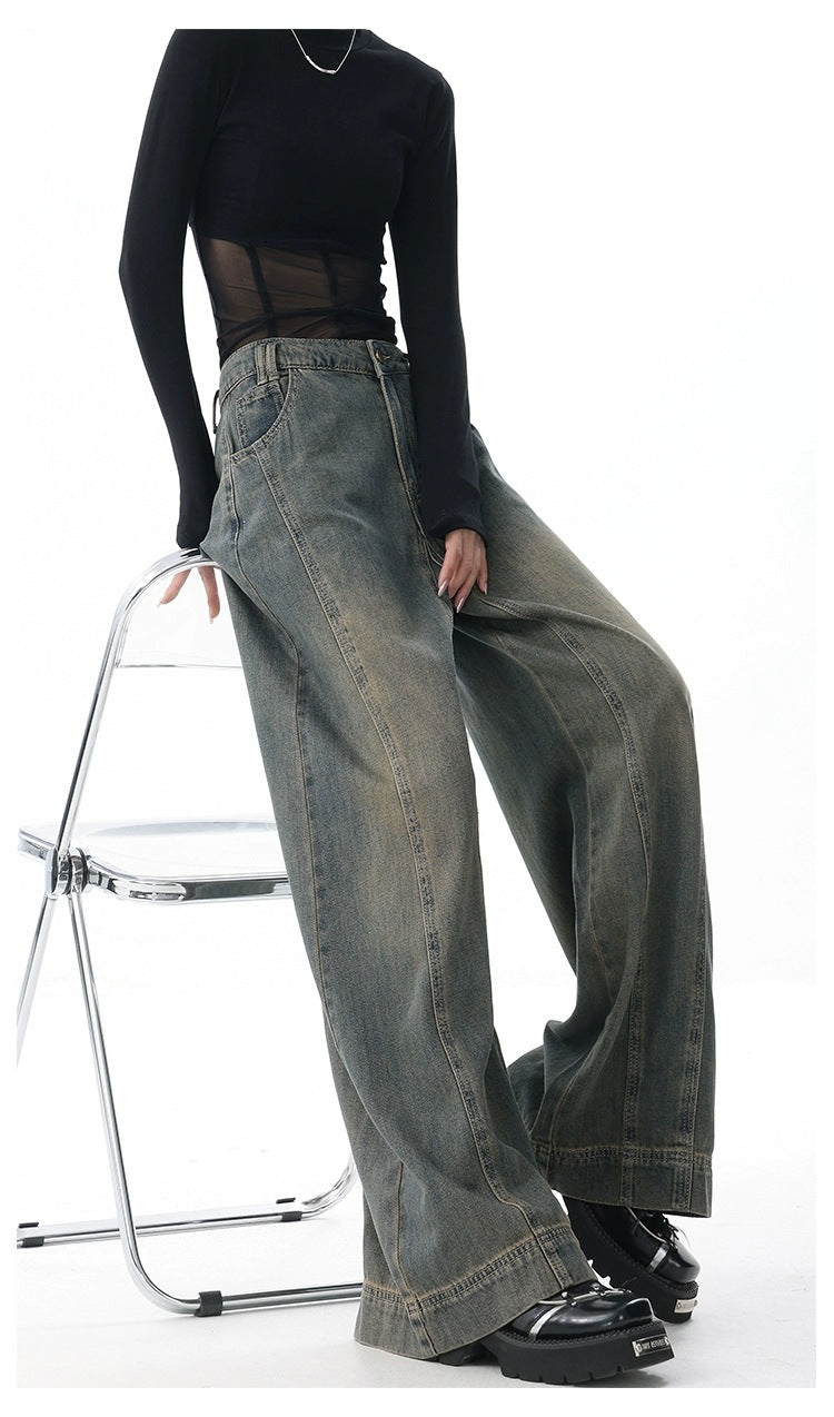 High-Waist Retro Wide-Leg Jeans – Women's Washed Denim Floor-Length Trousers