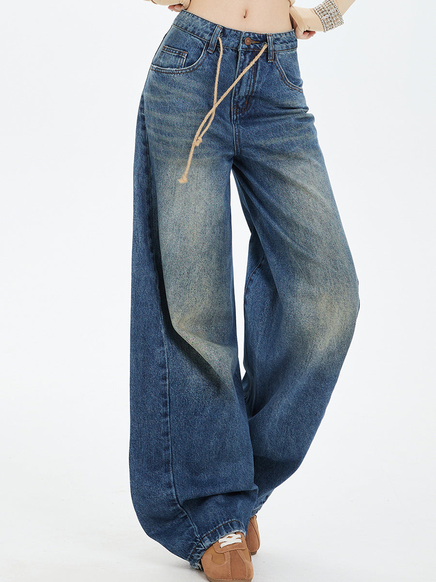 Retro High-Waist Drawstring Wide-Leg Jeans – Women's Loose Scimitar-Cut Denim