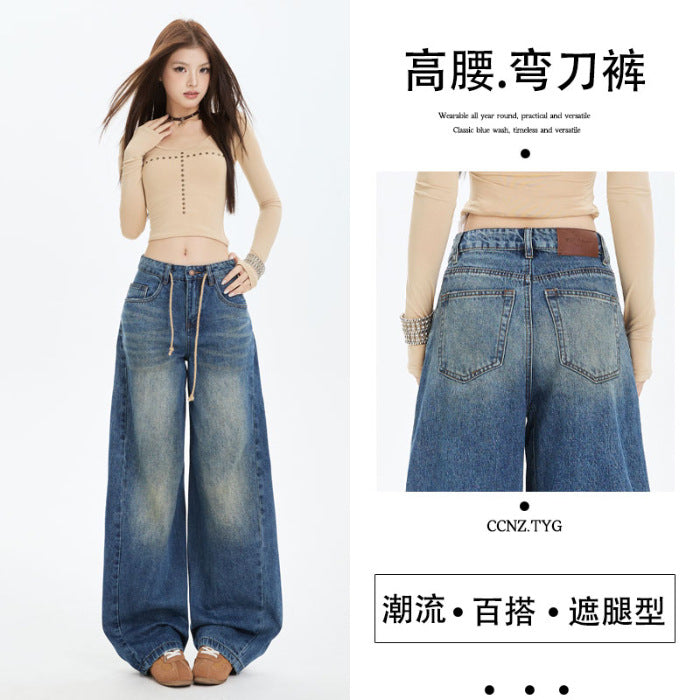 Retro High-Waist Drawstring Wide-Leg Jeans – Women's Loose Scimitar-Cut Denim