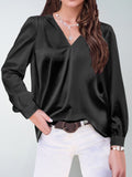 Women's Clothing Satin Pleated Long-Sleeve Top V-Neck Shirt LADYLYS
