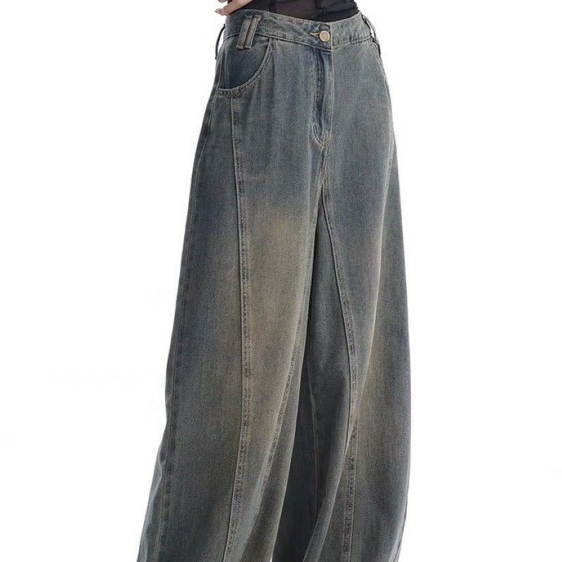High-Waist Retro Wide-Leg Jeans – Women's Washed Denim Floor-Length Trousers
