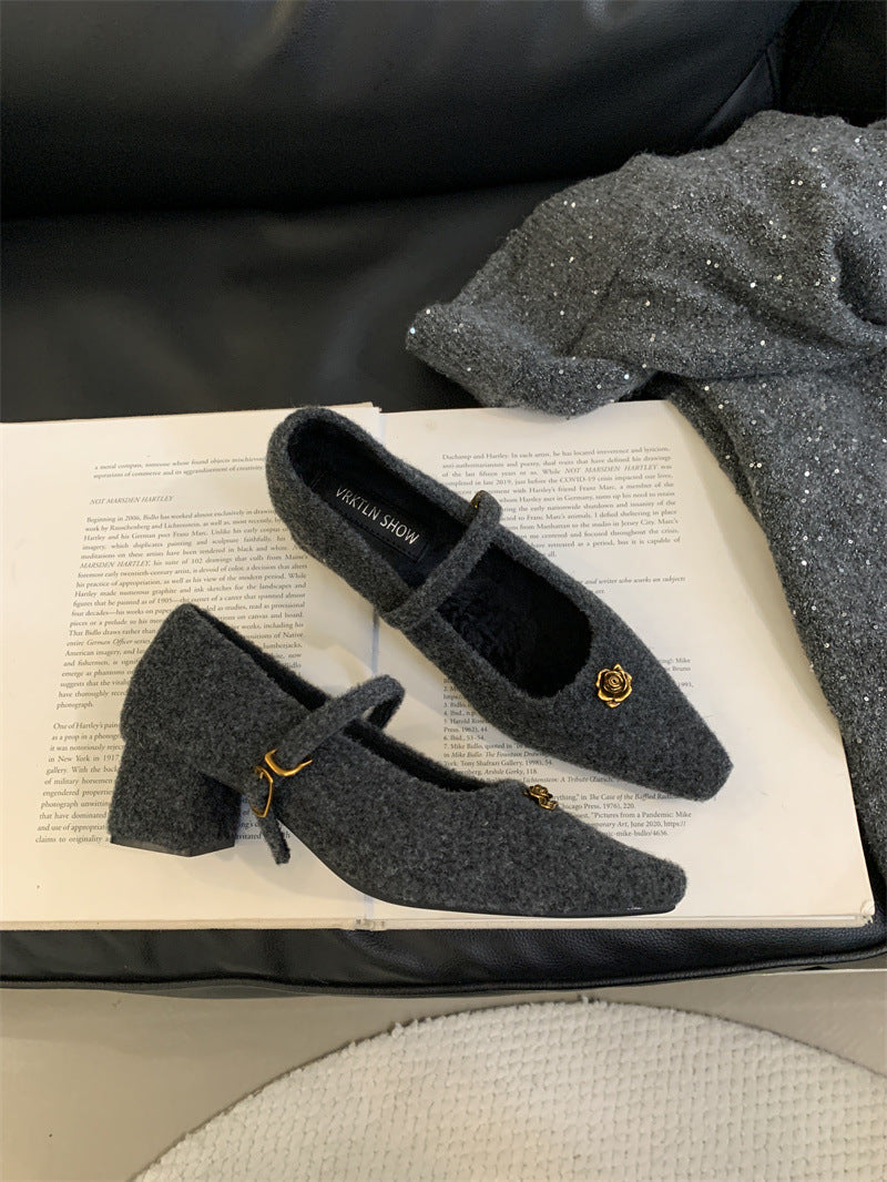 Elegant Woolen Square Toe Shallow Mouth Mary Jane Shoes French Style LADYLYS