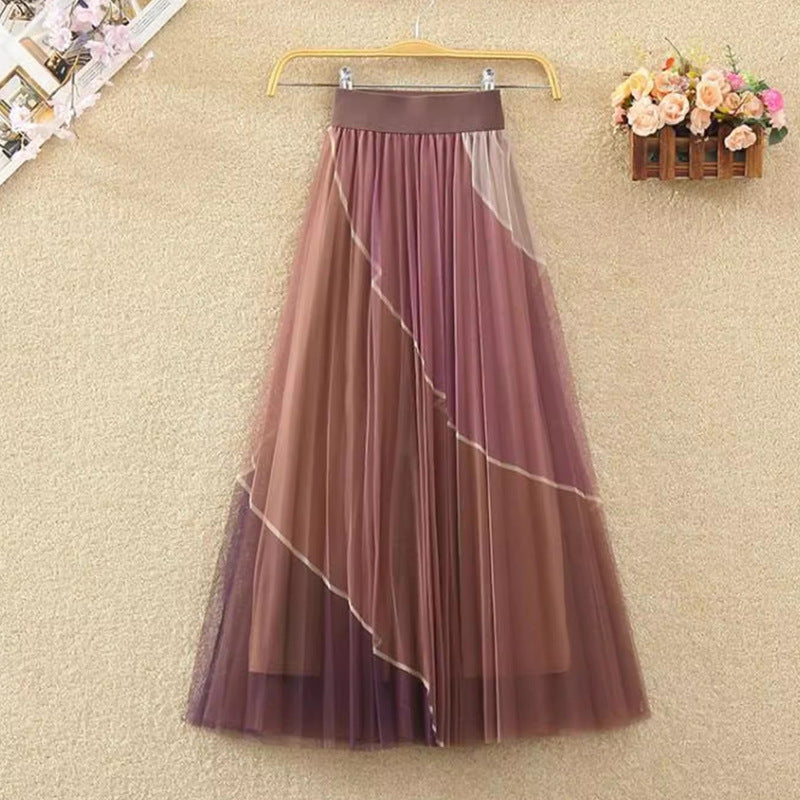 Contrast Mesh Skirt Women's Mid-Length High Waist A- Line LADYLYS
