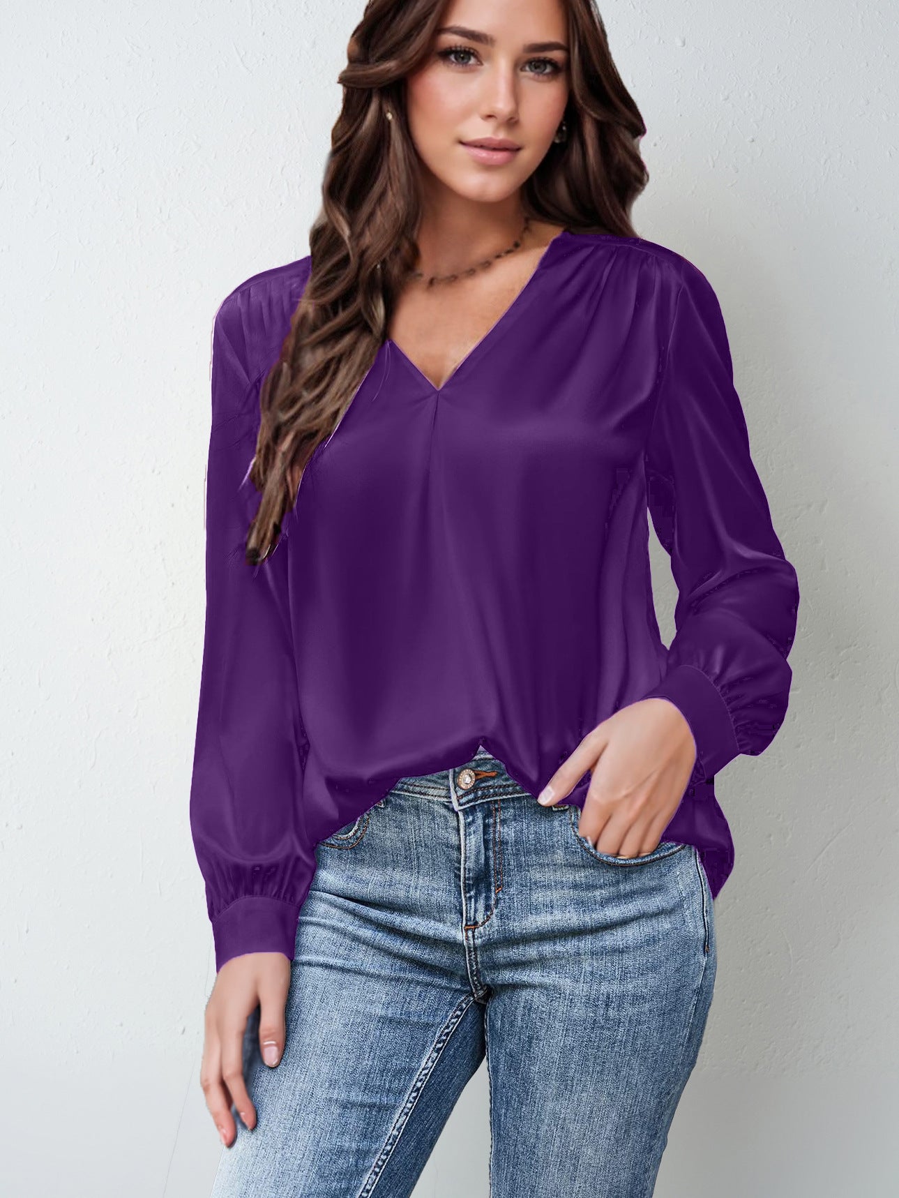 Women's Clothing Satin Pleated Long-Sleeve Top V-Neck Shirt LADYLYS