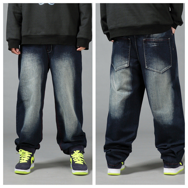 Men's Plus Size Loose Straight-Leg Jeans – Washed Hip-Hop Denim Trousers