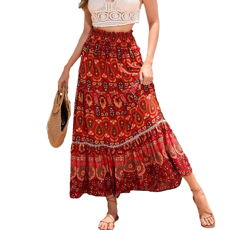 Real-life cross-border holiday style hollow lace stitching rayon beach skirt LADYLYS