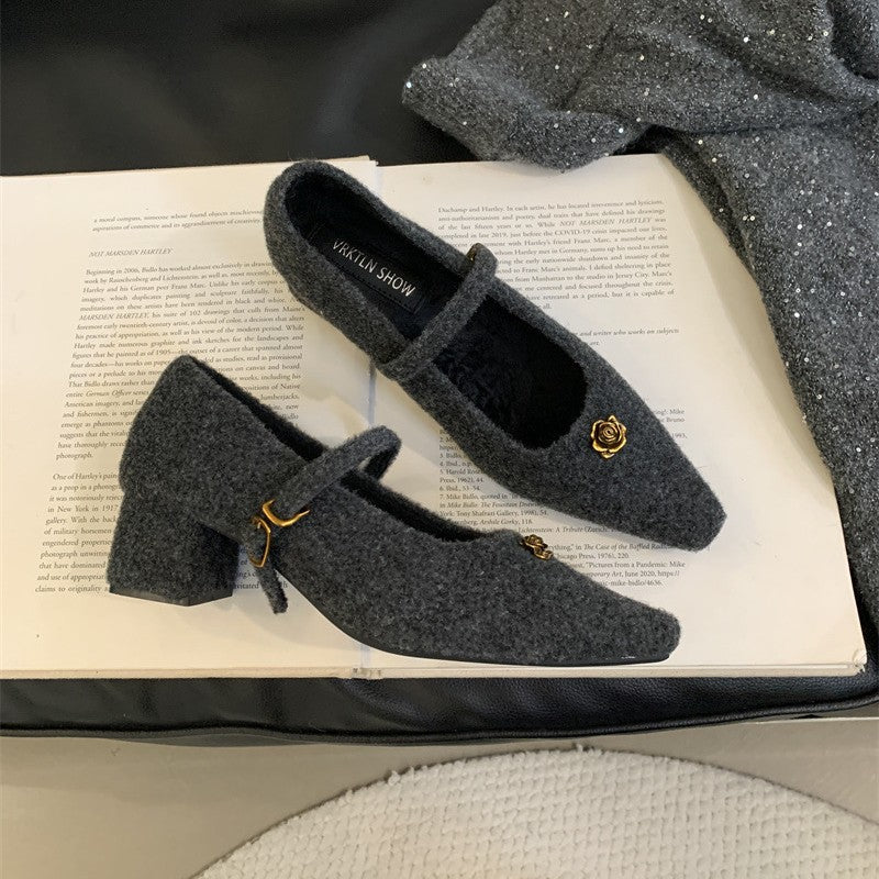 Elegant Woolen Square Toe Shallow Mouth Mary Jane Shoes French Style LADYLYS