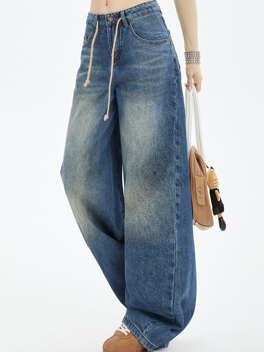 Retro High-Waist Drawstring Wide-Leg Jeans – Women's Loose Scimitar-Cut Denim