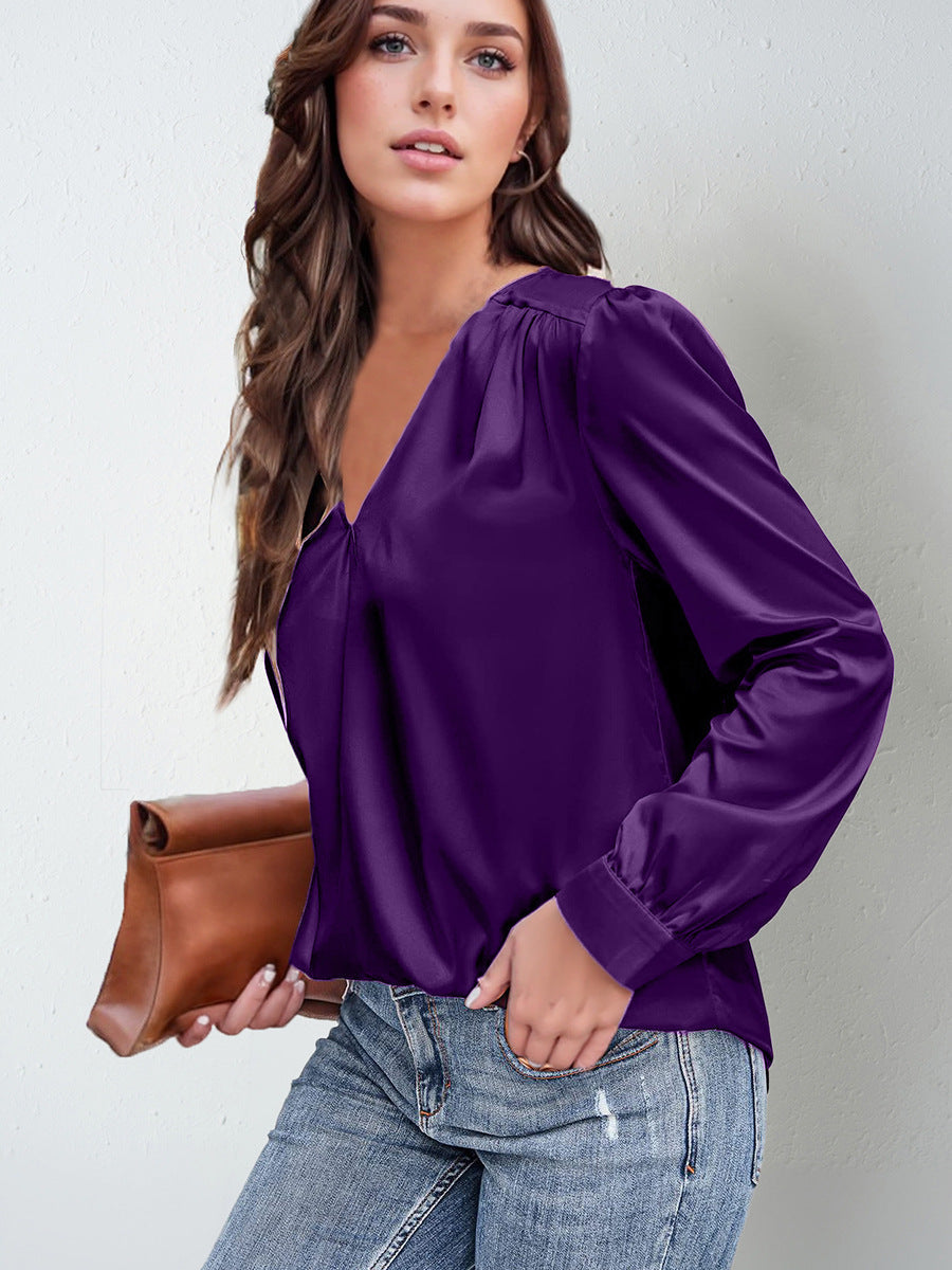 Women's Clothing Satin Pleated Long-Sleeve Top V-Neck Shirt LADYLYS