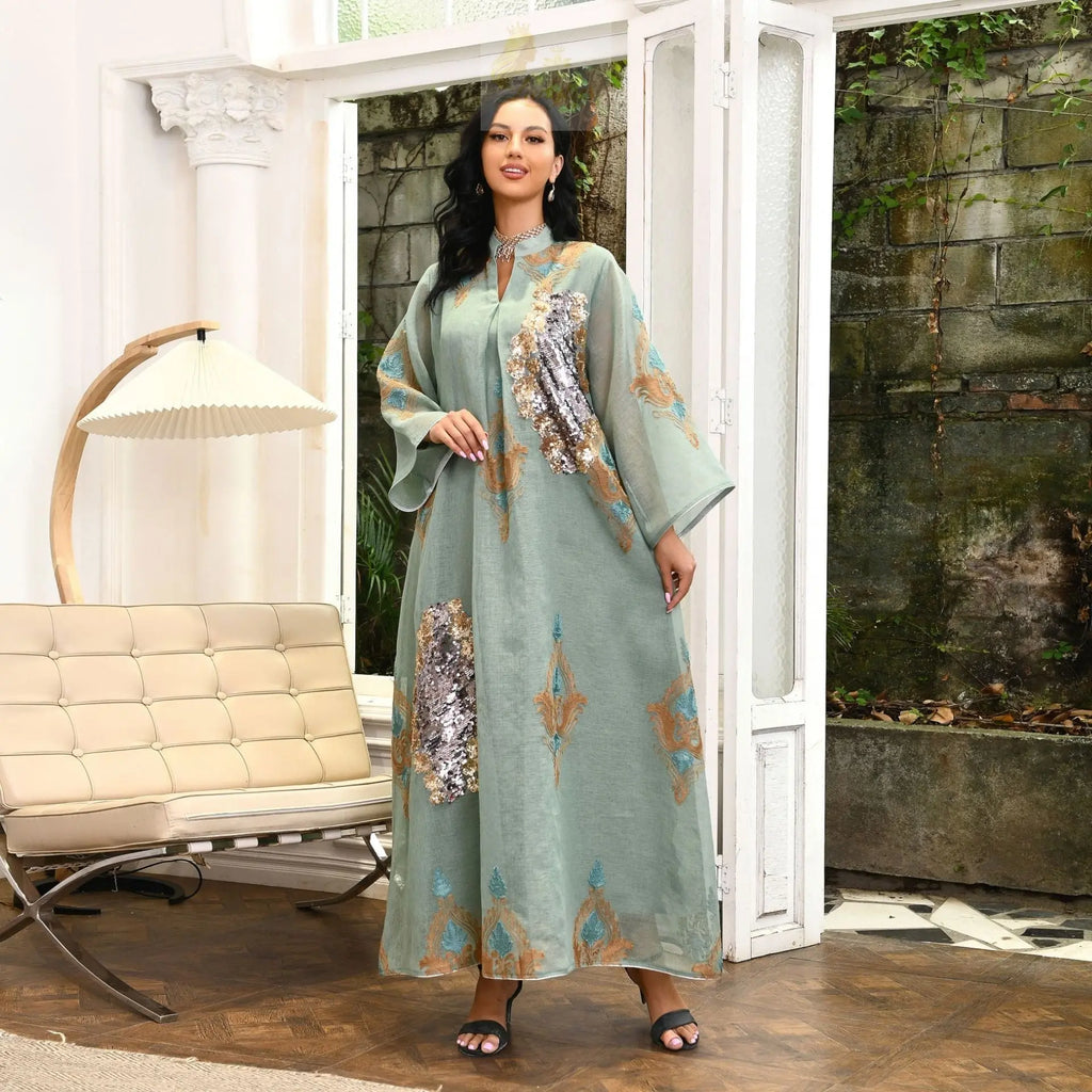 Morocco Dress for Women Muslim Abaya India Stand Collar Abayas Enbroidery Sequins LADYLYS