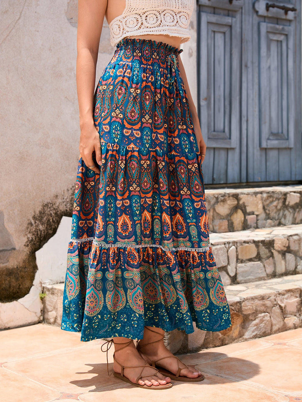 Real-life cross-border holiday style hollow lace stitching rayon beach skirt LADYLYS
