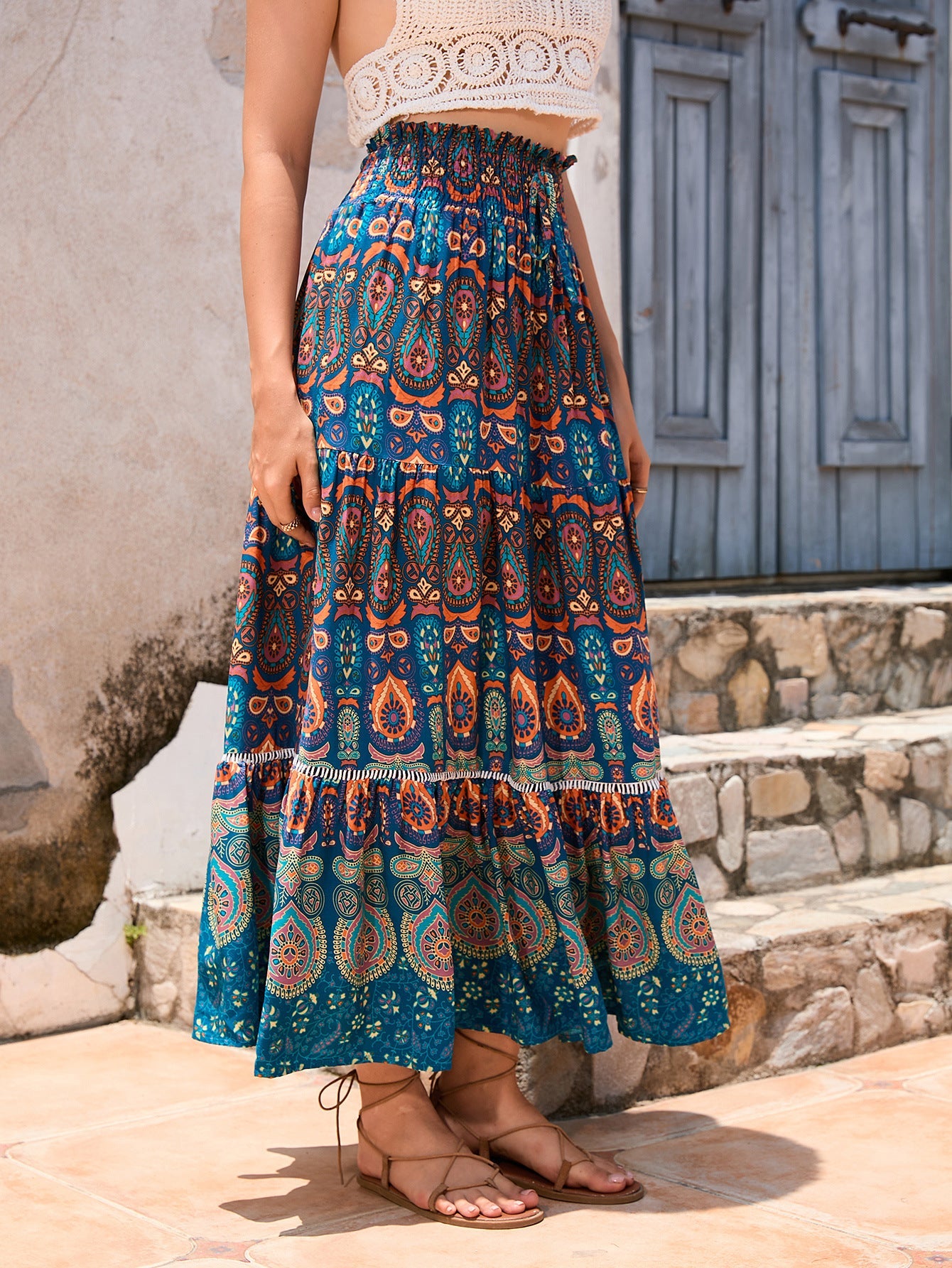 Real-life cross-border holiday style hollow lace stitching rayon beach skirt LADYLYS