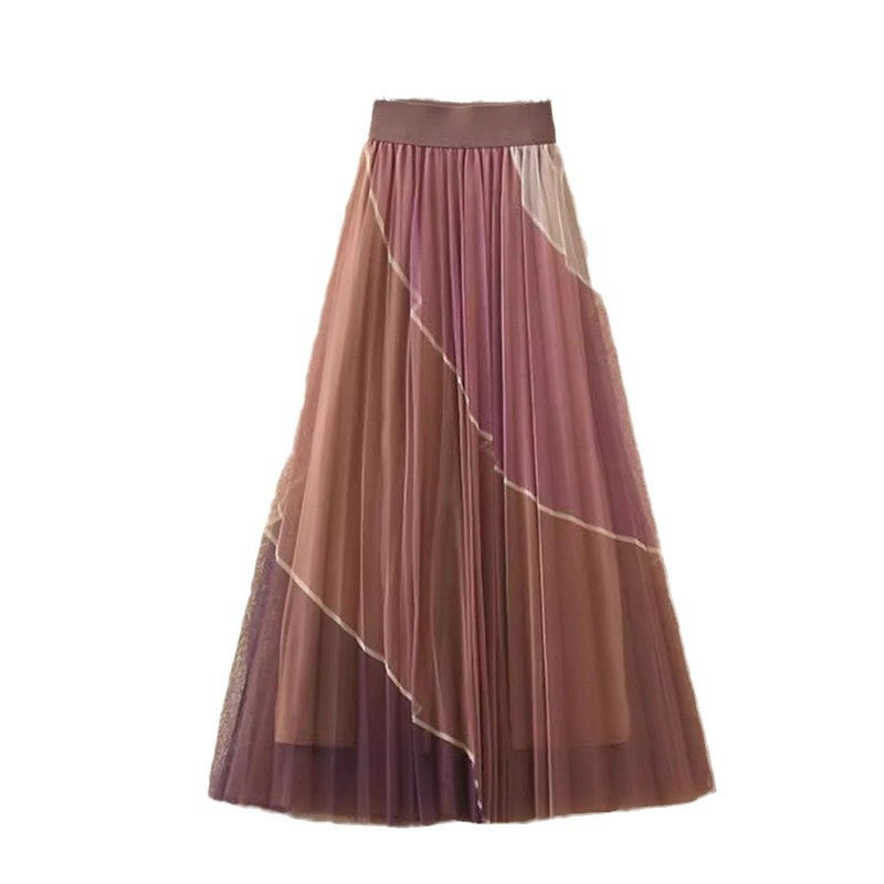 Contrast Mesh Skirt Women's Mid-Length High Waist A- Line LADYLYS