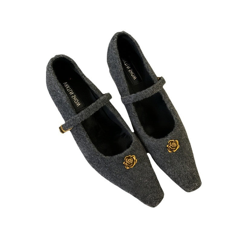 Elegant Woolen Square Toe Shallow Mouth Mary Jane Shoes French Style LADYLYS