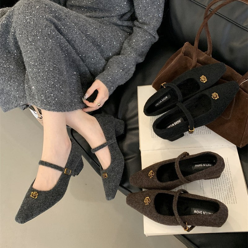 Elegant Woolen Square Toe Shallow Mouth Mary Jane Shoes French Style LADYLYS
