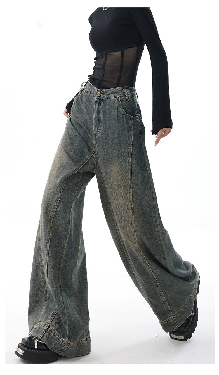 High-Waist Retro Wide-Leg Jeans – Women's Washed Denim Floor-Length Trousers