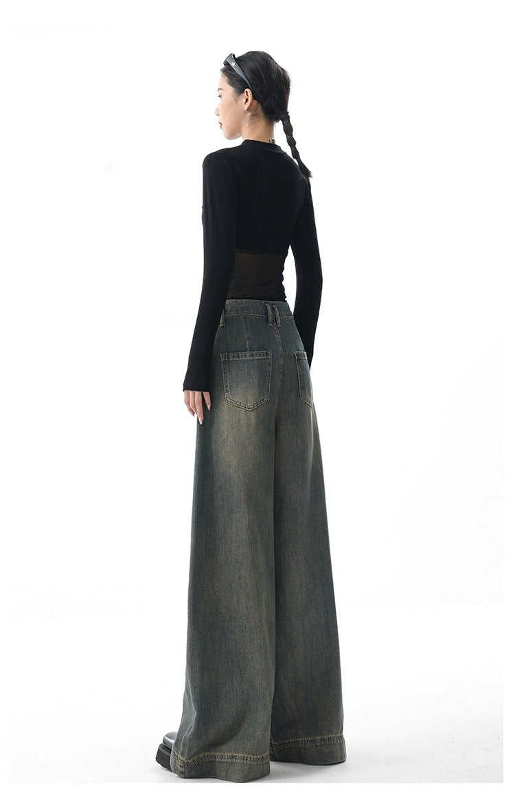 High-Waist Retro Wide-Leg Jeans – Women's Washed Denim Floor-Length Trousers