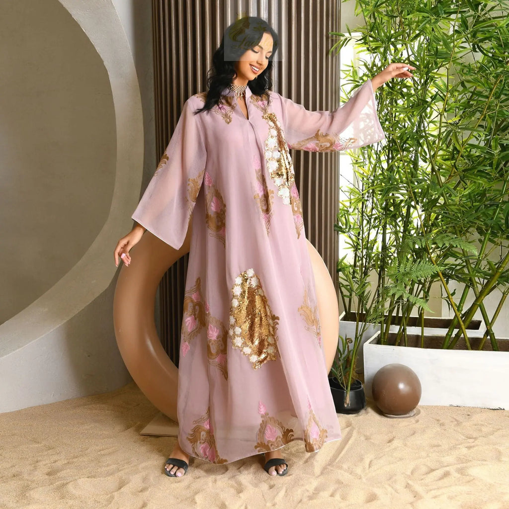 Morocco Dress for Women Muslim Abaya India Stand Collar Abayas Enbroidery Sequins LADYLYS
