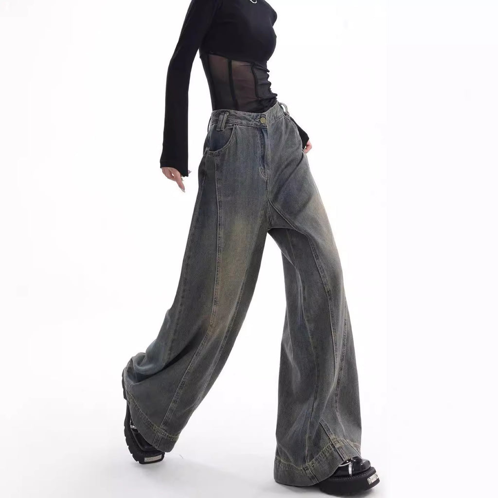 High-Waist Retro Wide-Leg Jeans – Women's Washed Denim Floor-Length Trousers