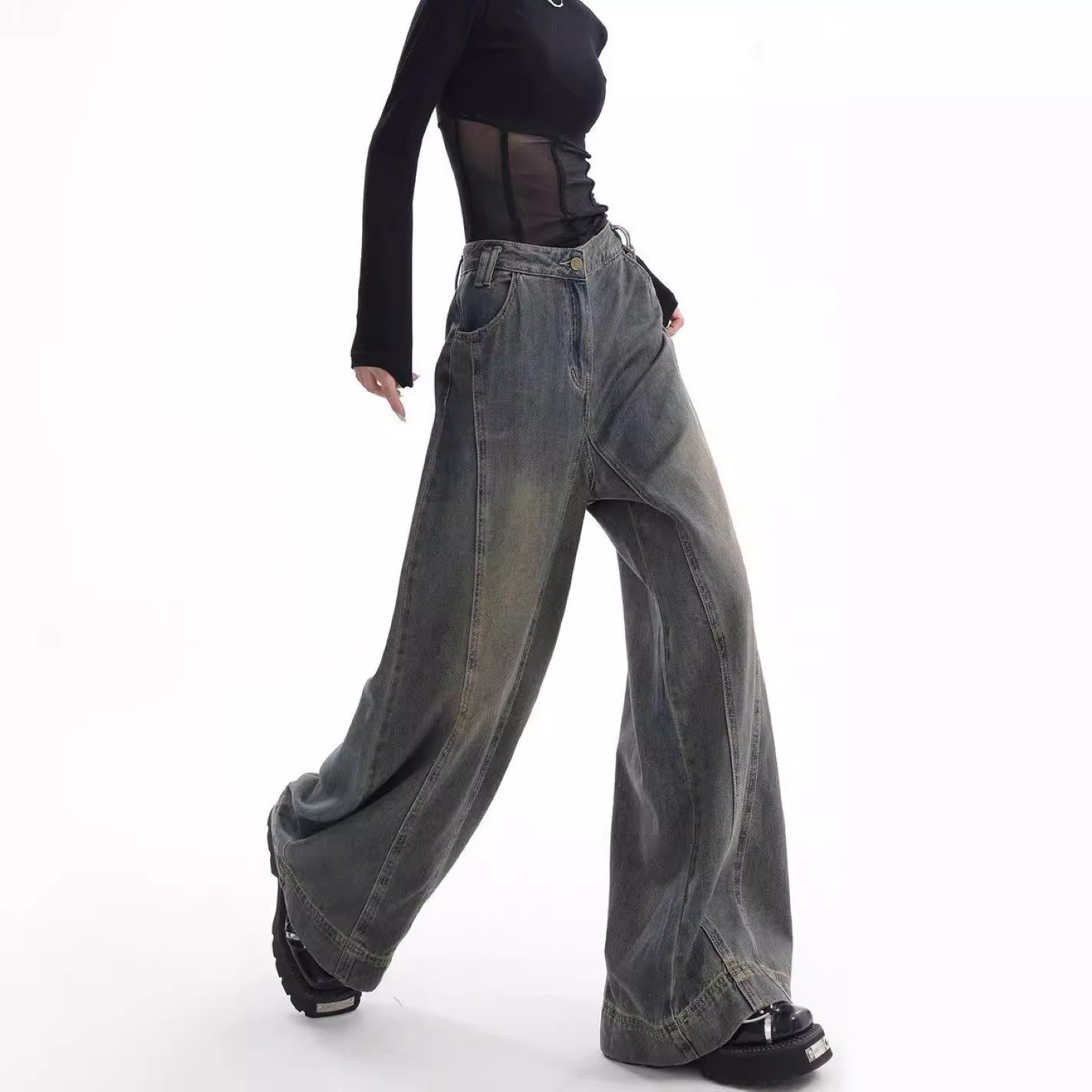 High-Waist Retro Wide-Leg Jeans – Women's Washed Denim Floor-Length Trousers