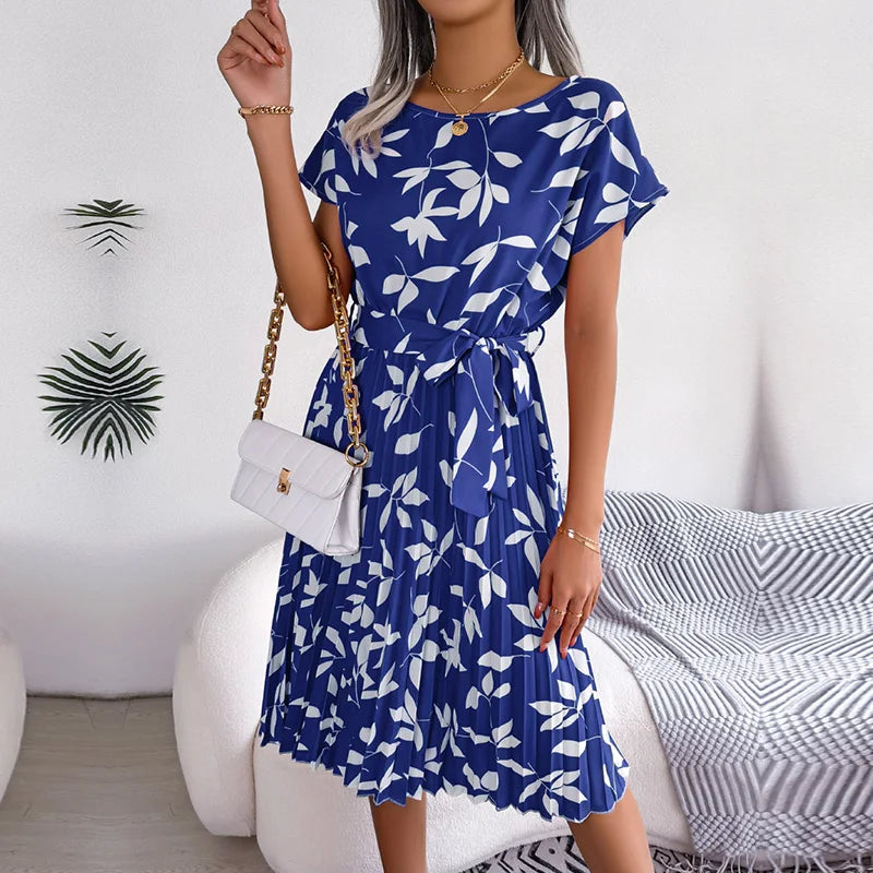 Summer Short Sleeve High Waist Chic Dress Fashion Floral Pleated A Line Long Dress LADYLYS