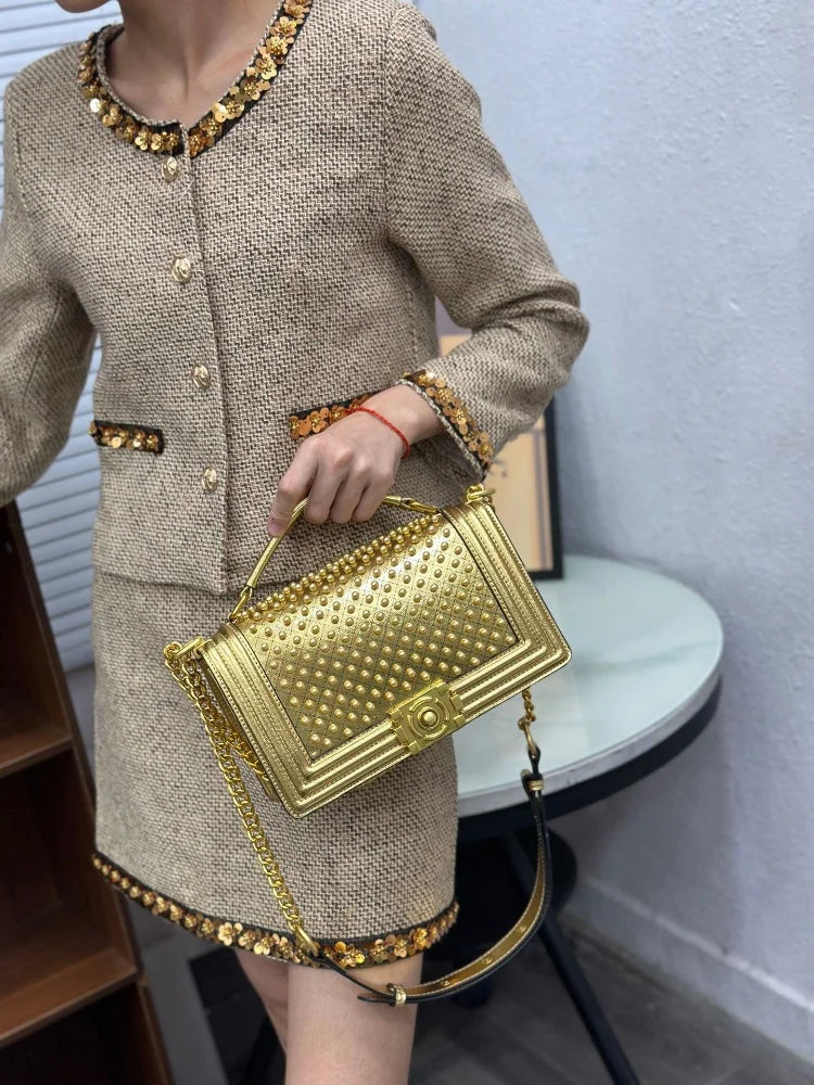 Luxury Designer Inlaid Pearls Lattice Embroidery Women's Shoulder Bag Fashion High-end Handbags Small Square Bag Versatile Purse LADYLYS