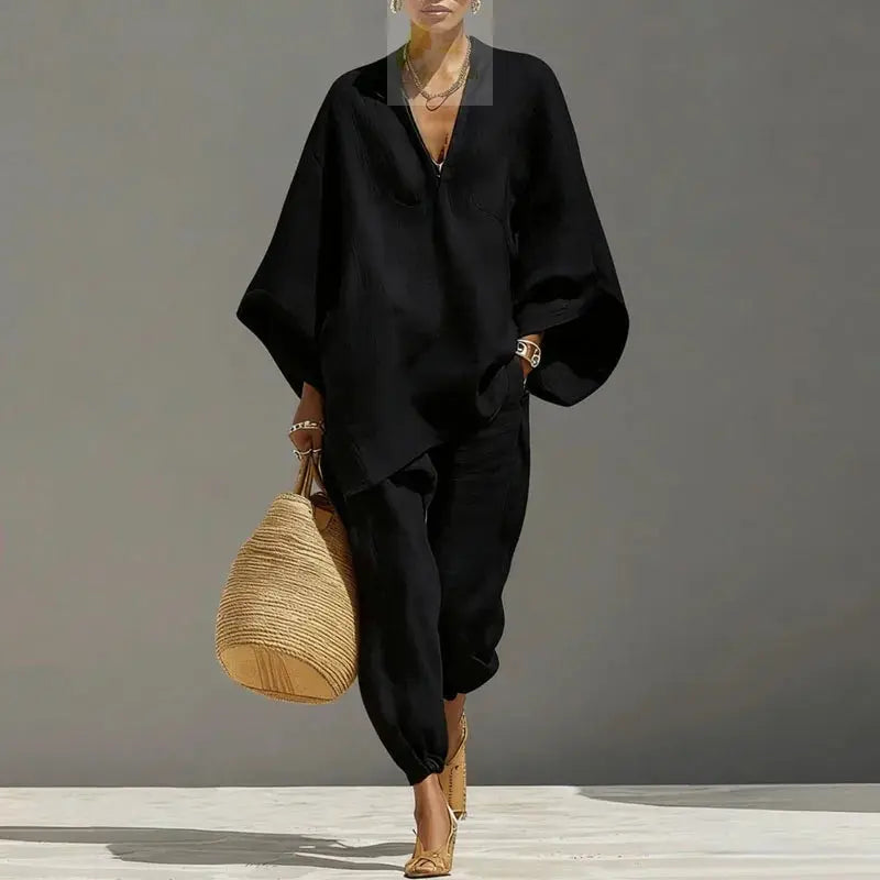 Female Clothing Two Piece Set Spring V Neck Loose Top Pullover & Long Pants Vintage LADYLYS