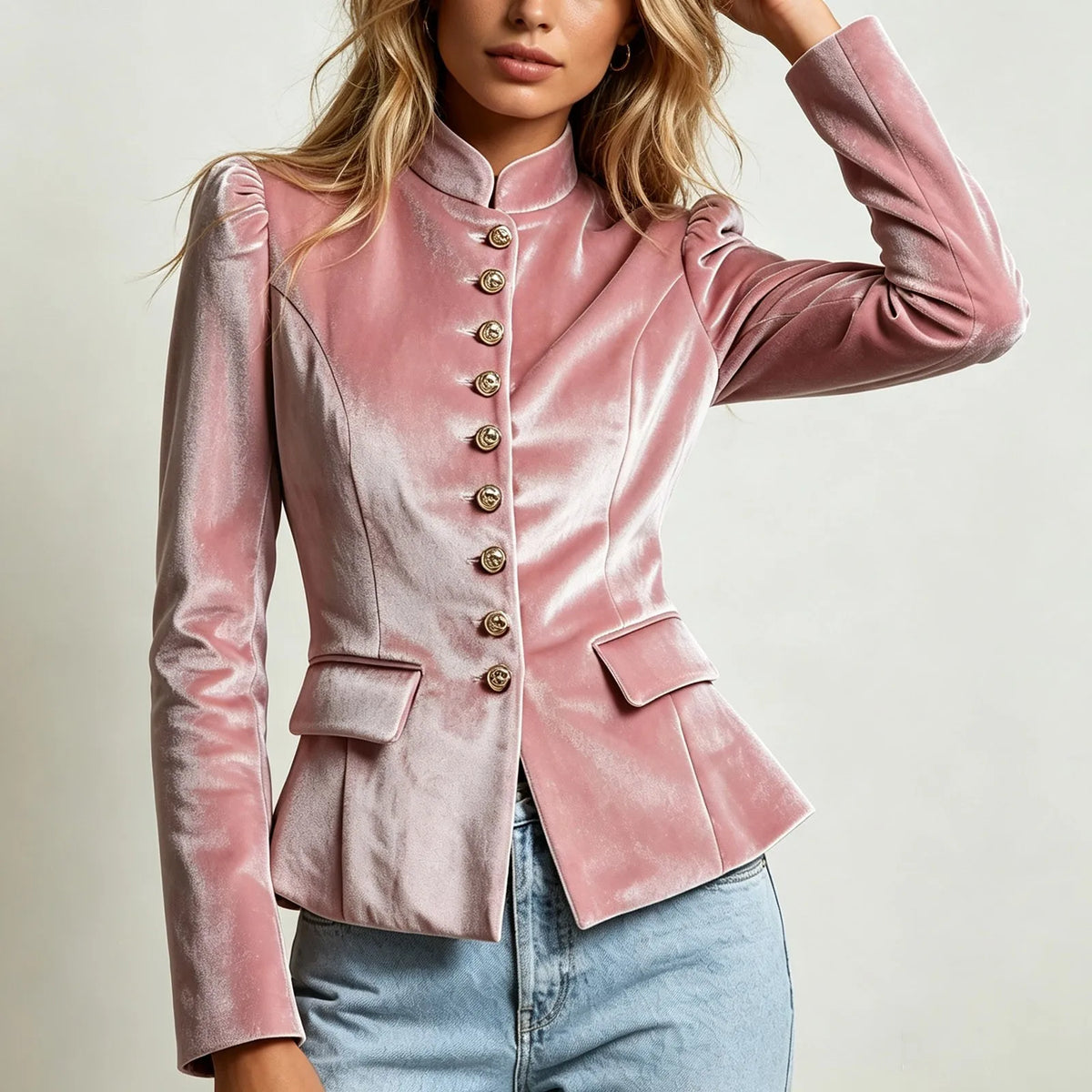 Women's Pink Velvet High-Neck Blazer