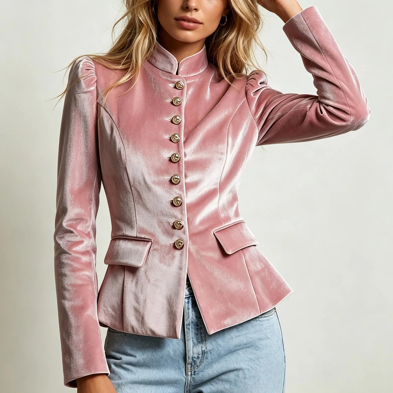 Women's Pink Velvet High-Neck Blazer