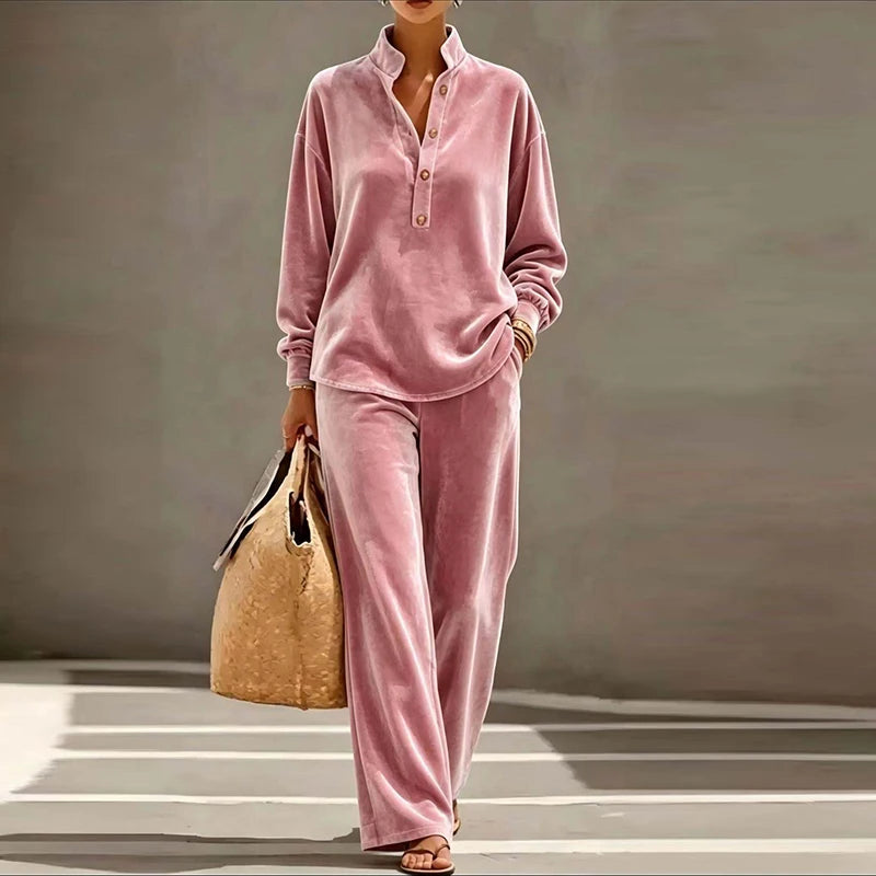 Women's Velvet 2-Piece Set: Stand Collar Blouse and Wide-Leg Trousers