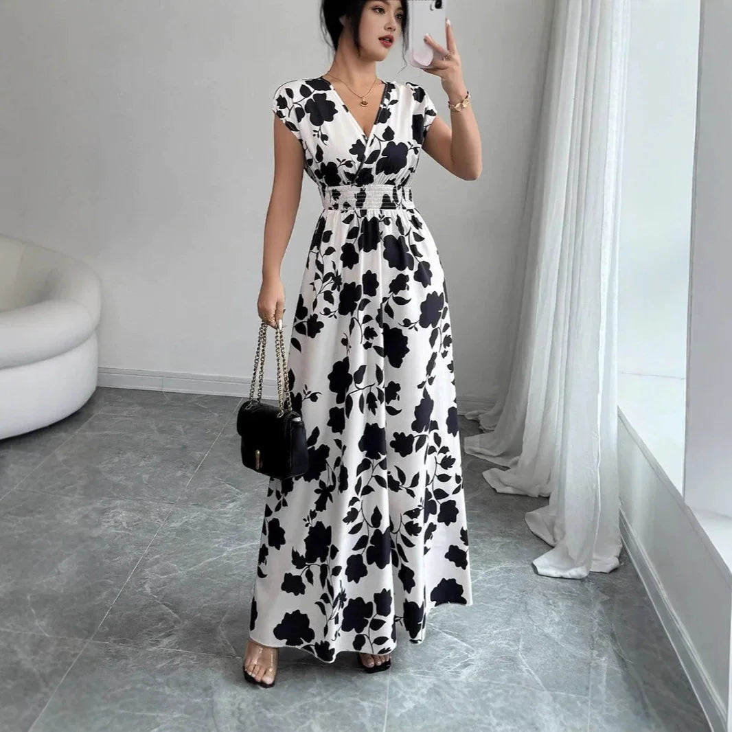 Printed V-Neck Short Sleeve Midi Dress – Lace-Up Waist Casual Summer Dress