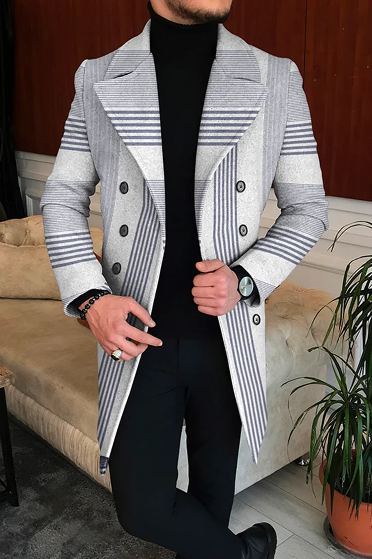 Men's Printed Long Overcoat with Lapel Collar and Button Front