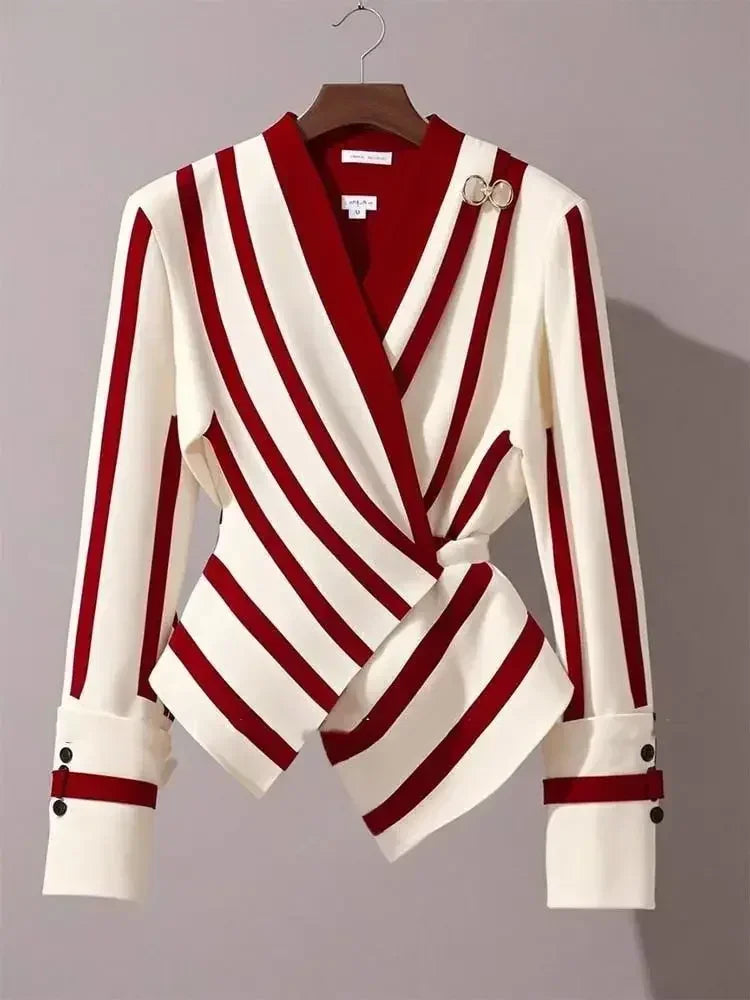 Luxury Long Sleeve Shirt Unique Chic Korean Style V-neck Striped Blosues Tops LADYLYS