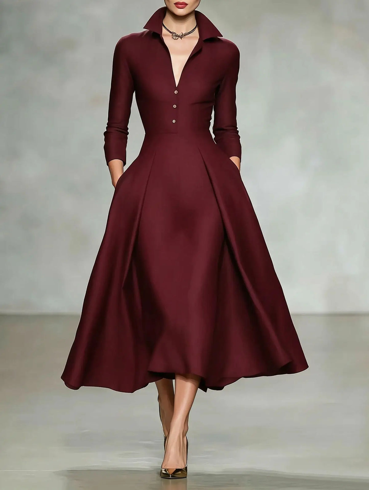Women's Elegant V-Neck Long Sleeve Shirt Dress with Cinched Waist and Flared Skirt