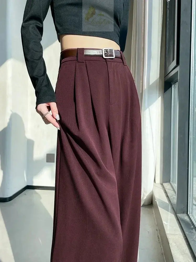 Botvotee Burgundy Suits Pants for Women Office Lady Elegant High Waist Wide Leg LADYLYS