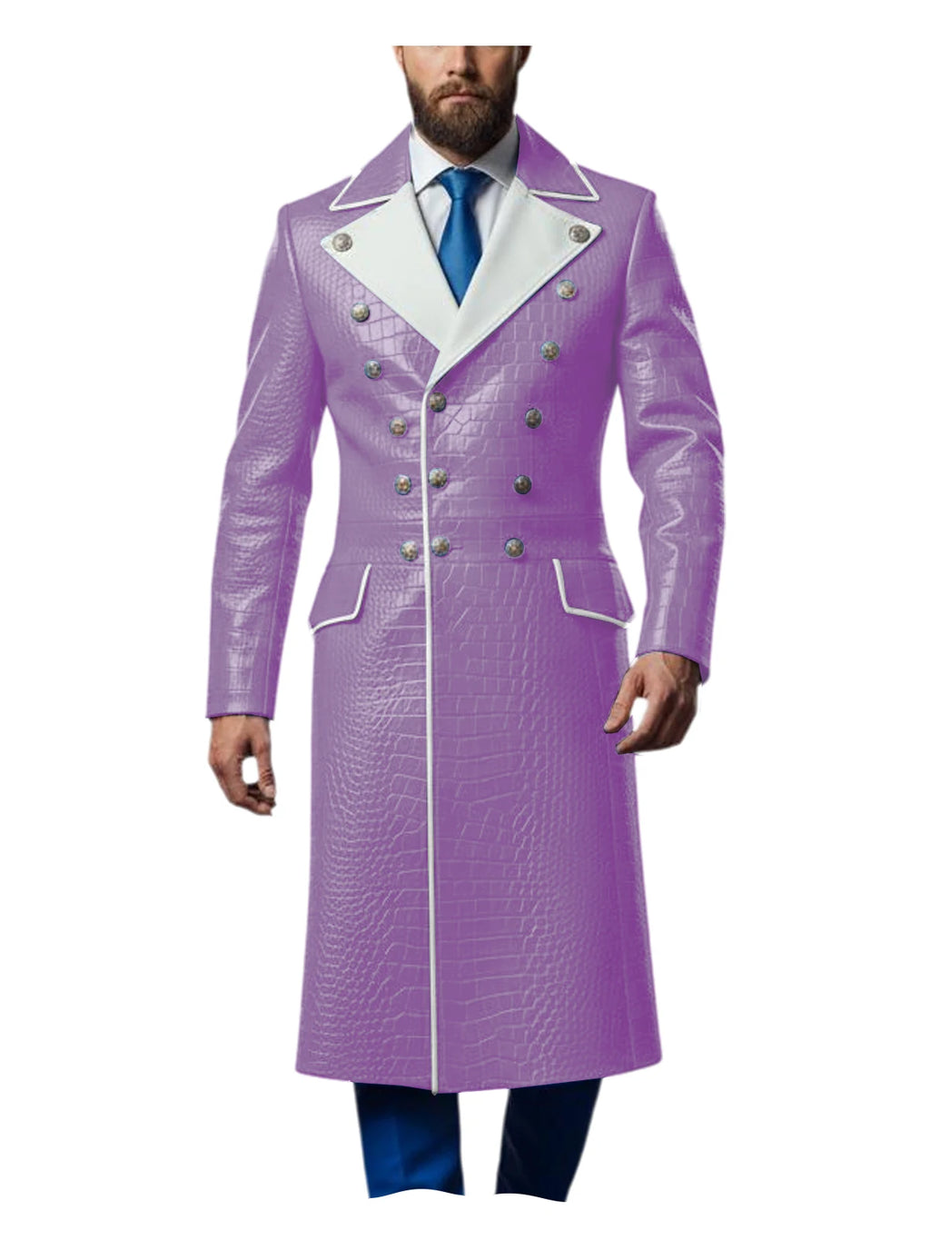 Men's Croc-Embossed Faux Leather Double-Breasted Overcoat with Contrast White Lapels