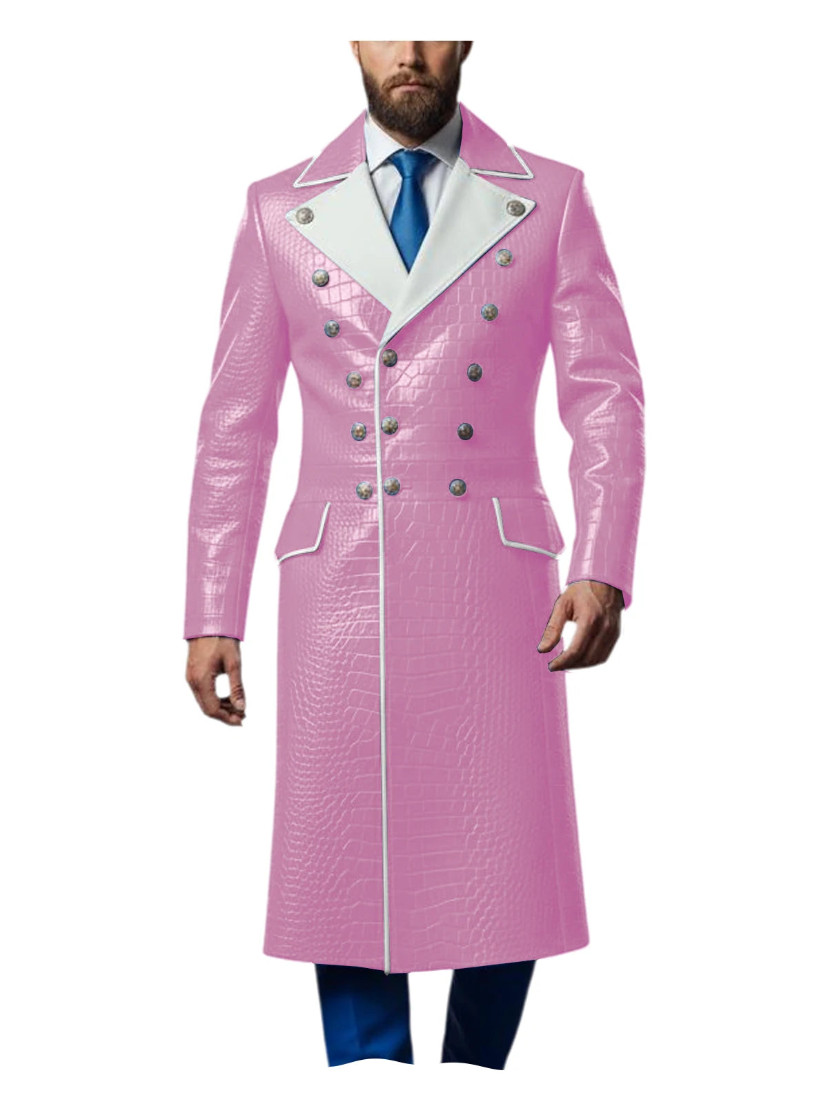 Men's Croc-Embossed Faux Leather Double-Breasted Overcoat with Contrast White Lapels