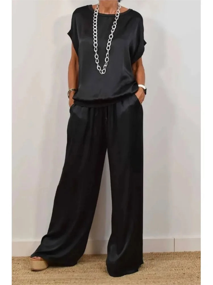 2-piece Set Fashion Satin O Neck T-shirt Top Trousers Summer Retro Elegant LADYLYS