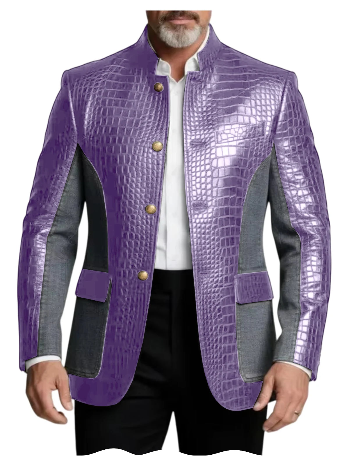 Men's Crocodile Embossed Leather Brown Jacket Patchwork Denim Luxury PU LADYLYS