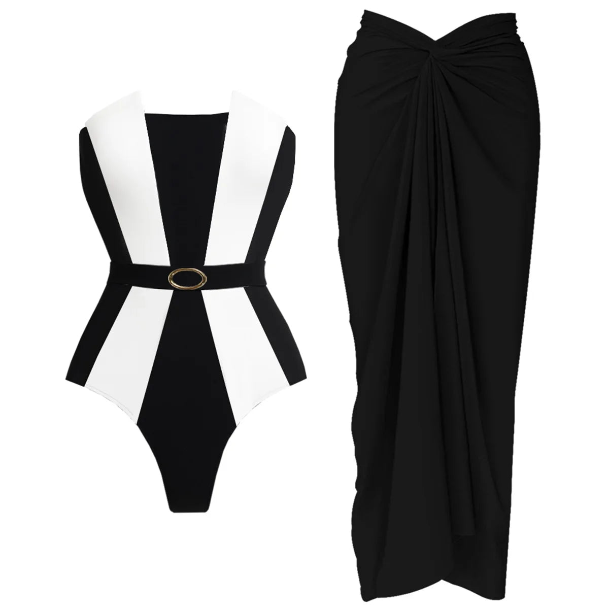 2Pcs Striped Swimsuit With Long Skirt Sexy Women Bikini Push Up Swimwear Halter LADYLYS