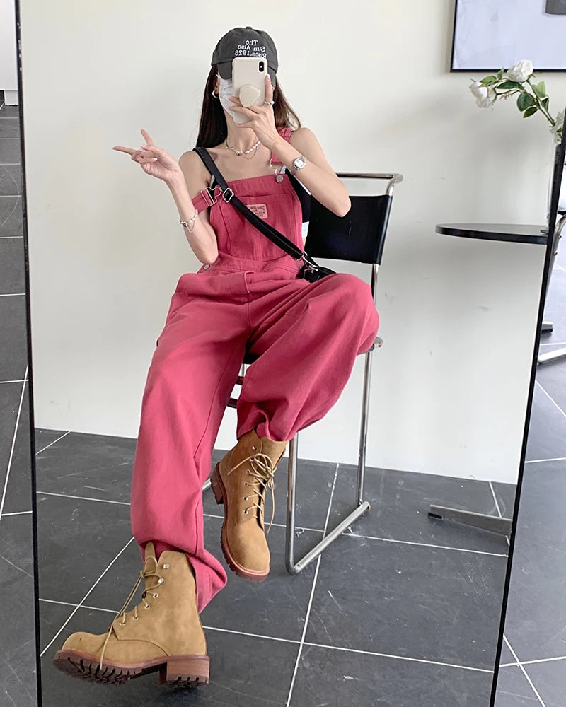 Summer Style loose Girls Pink wide leg trousers jumpsuit denim overalls LADYLYS