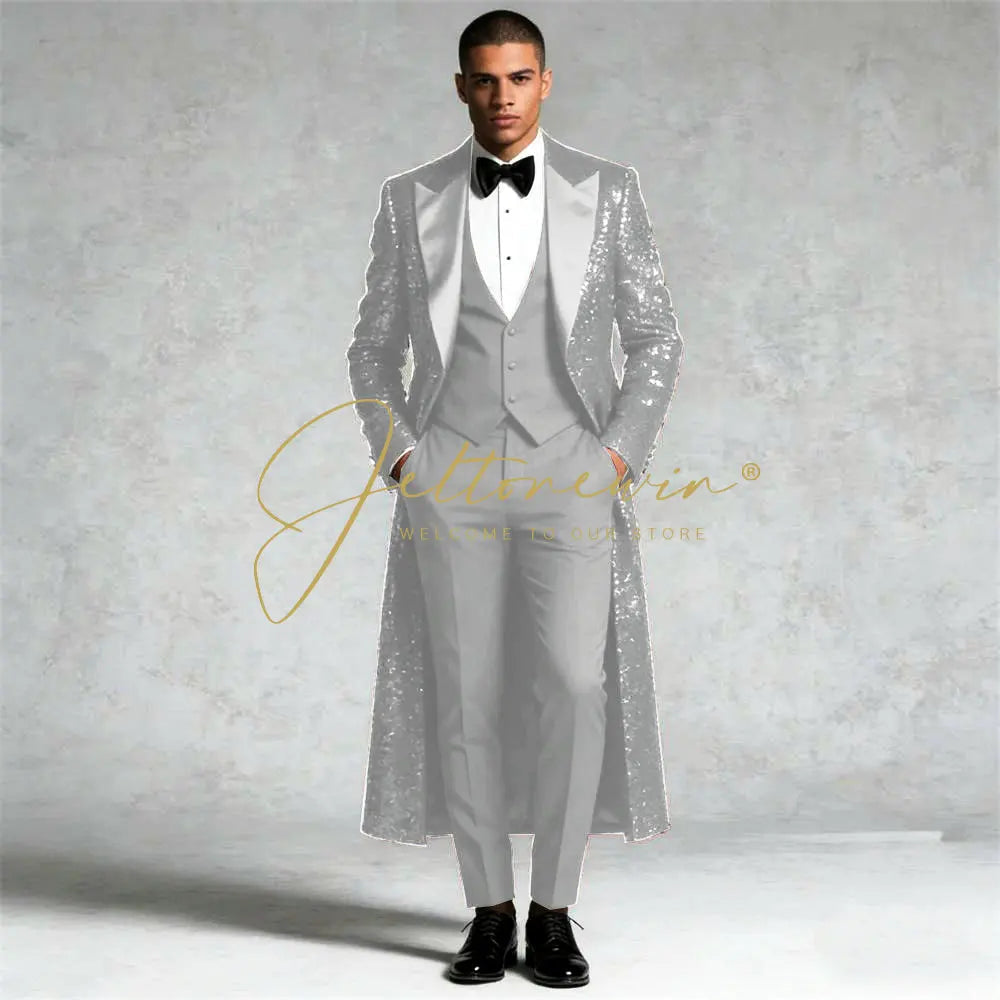 Sequin Wedding Suits For Men Peaked Lapel Groom elegant 3 Pieces LADYLYS