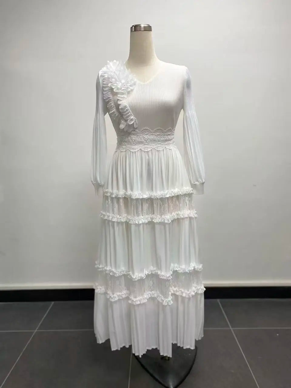 Women's Pleated Tiered Lace Midi Dress – V-Neck Lantern Sleeve Floral Detail | Elegant African Fashion
