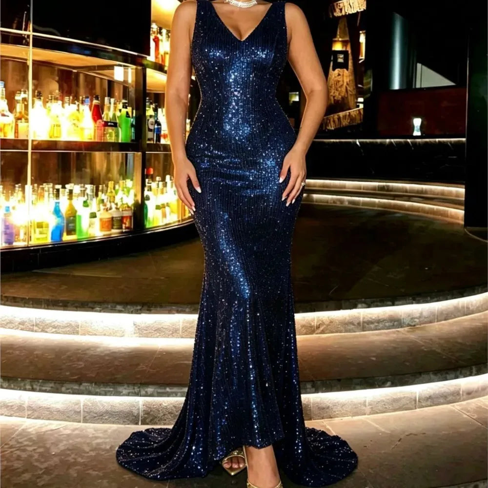 Sleeveless V-Neck Sequin Mermaid Midi Dress