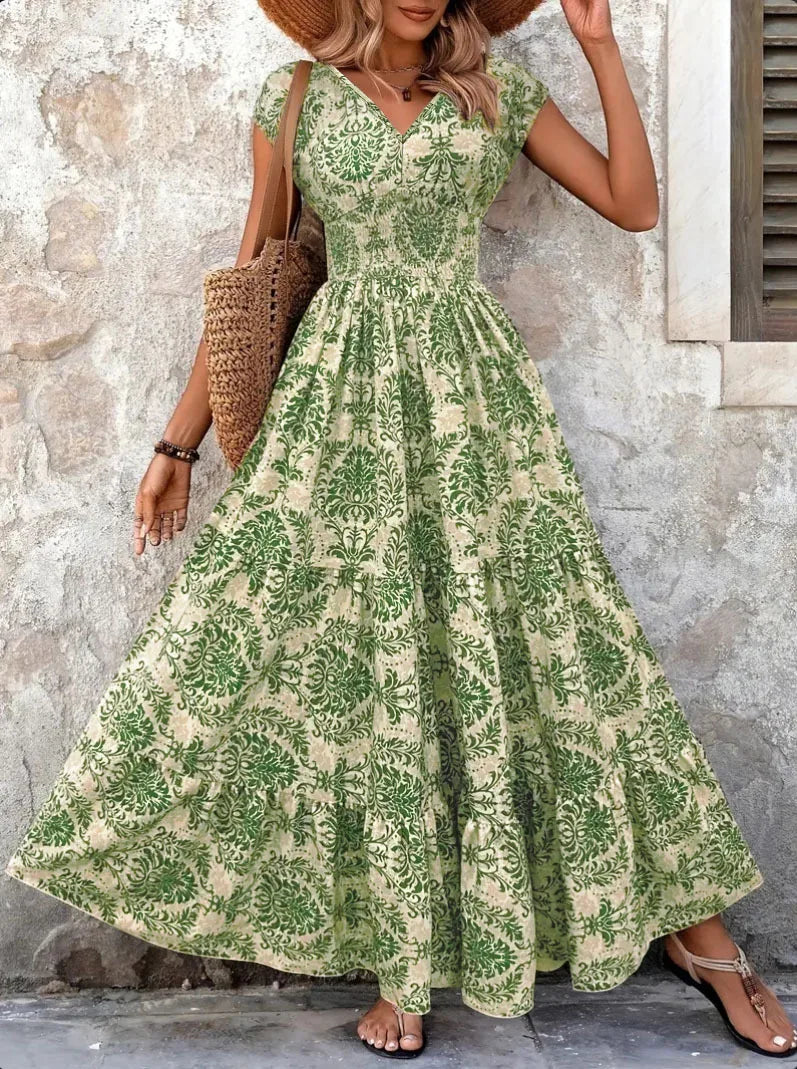 Vintage Floral Print Dress Elegant V-Neck Short Sleeve LADYLYS